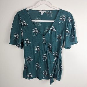 Lucky Brand Green Floral Wrap Top